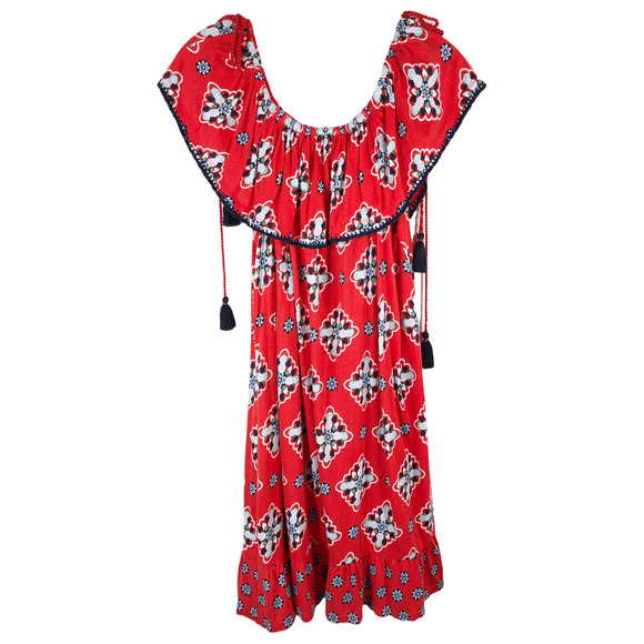 Crown Ivy XL Petite Dress Red Blue Tassels Shift Knee Off Shoulder Pineapple 574 - Picture 1 of 9